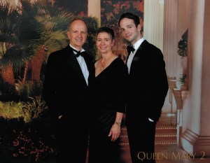 A family portrait aboard Cunard's Queen Mary 2 last summer.  It's the only way for the three of us to get a professional portrait since we live on a different continent than our son.  A great opportunity when we're all dressed up. 