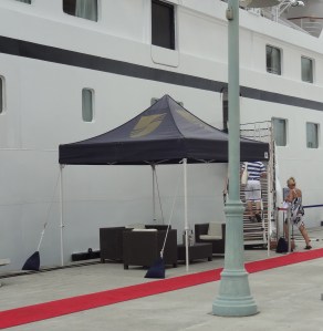 Seabourn lays out the red carpet on the pier for its guests.