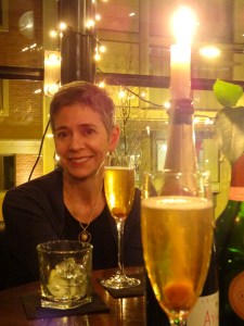 Patty enjoying a champagne cocktail at Epernay Champagne Bar, Manchester